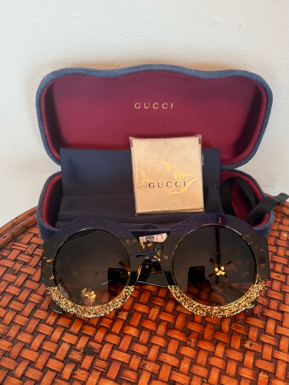 Gucci Black Round Sunglasses with Gold Glitter Accents